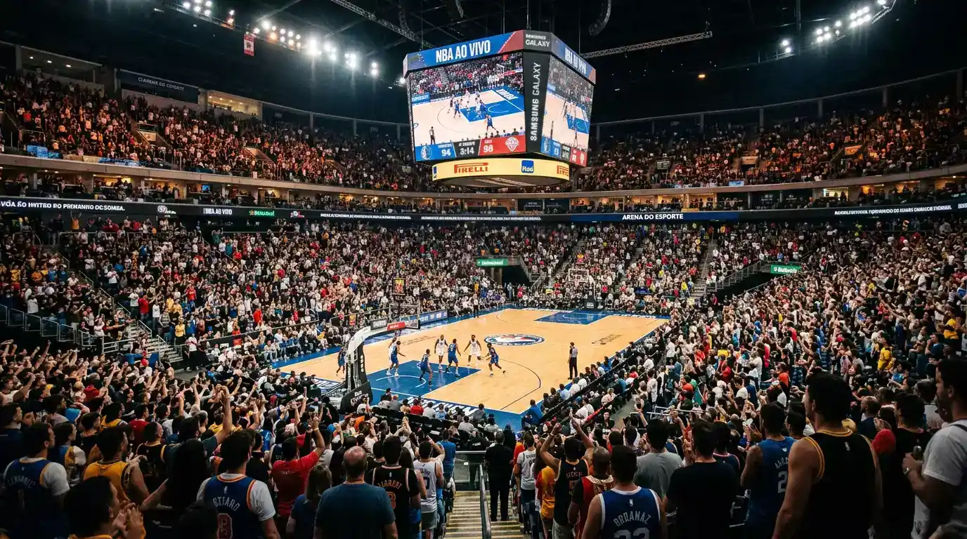 Arena NBA lotada com adeptos a assistir a um jogo de basquetebol ao vivo