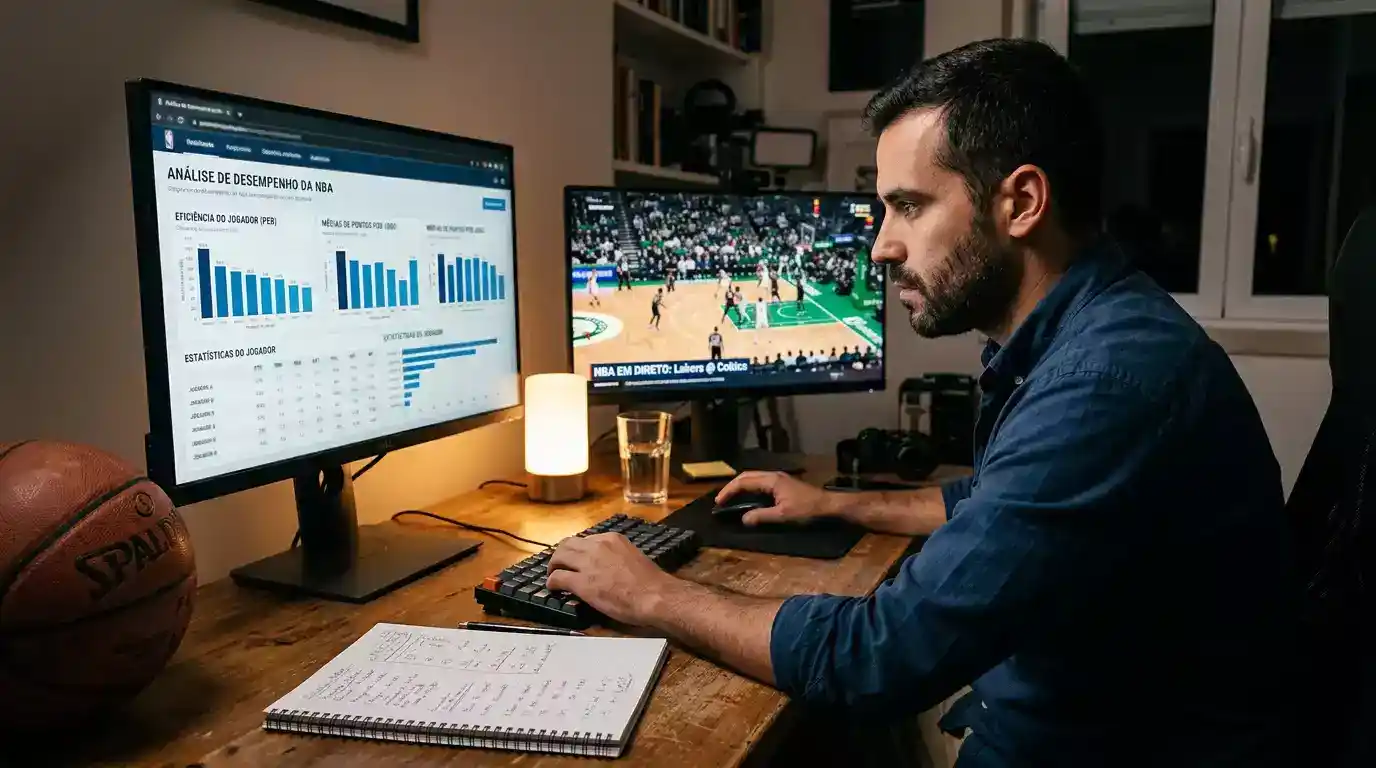 Apostador a analisar dados estatísticos e odds de basquetebol NBA para identificar value bets